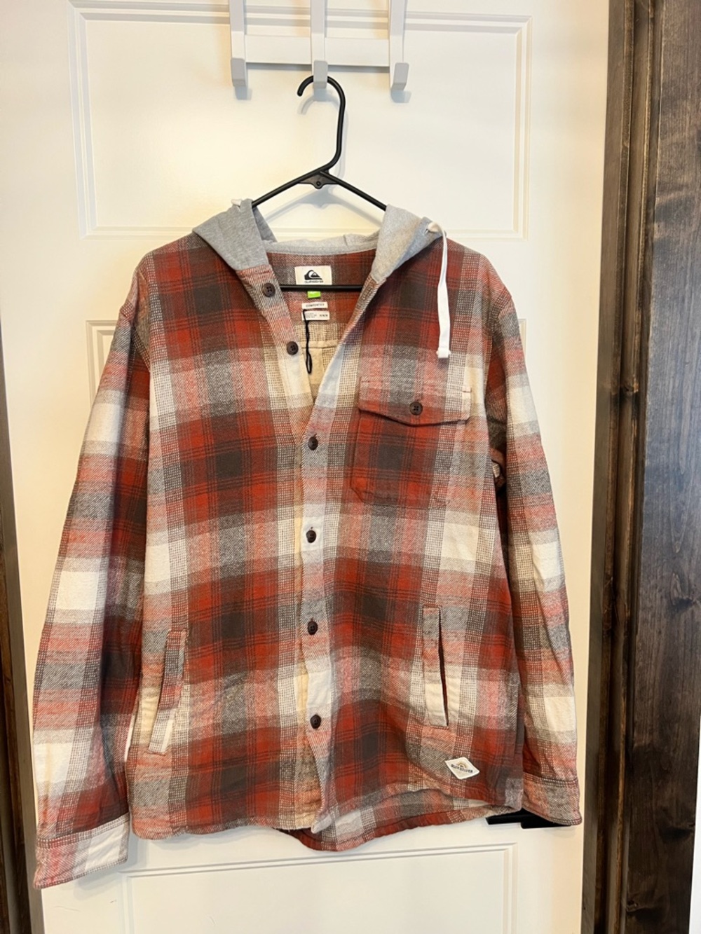 Quiksilver Men's Red and White Plaid Hooded Shirt Jacket